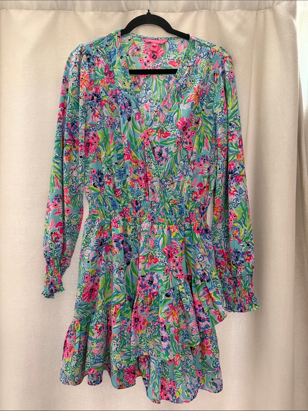 Lilly Pulitzer Aqua Floral Long-Sleeve V-Neck Mini Dress
